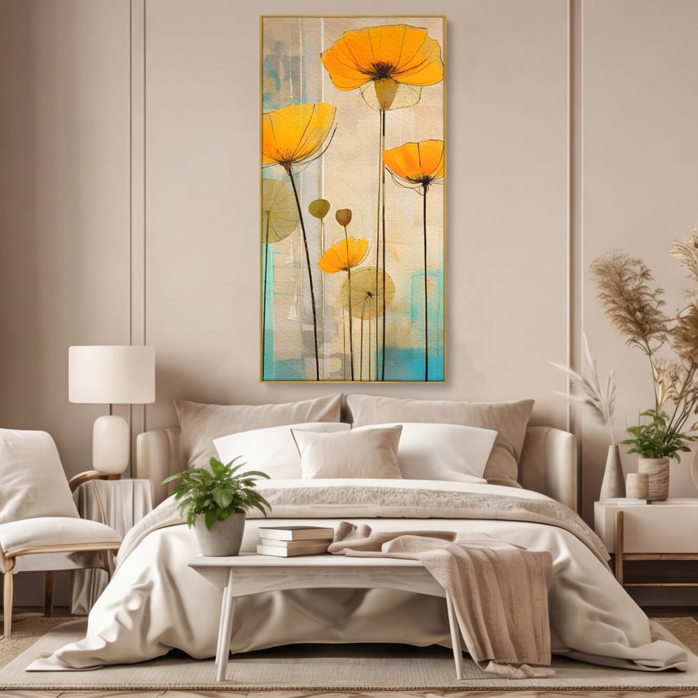 Tablou canvas cu pictura verticala cu flori galbene, in rama de aluminiu auriu, pe perete intr-un dormitor